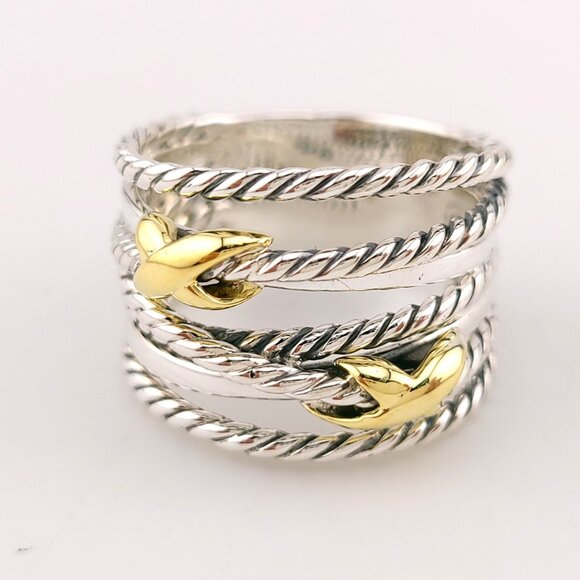 David Yurman Sterling Silver Double X 18k Gold Crossover Band Ring Size 8 - Picture 2 of 7